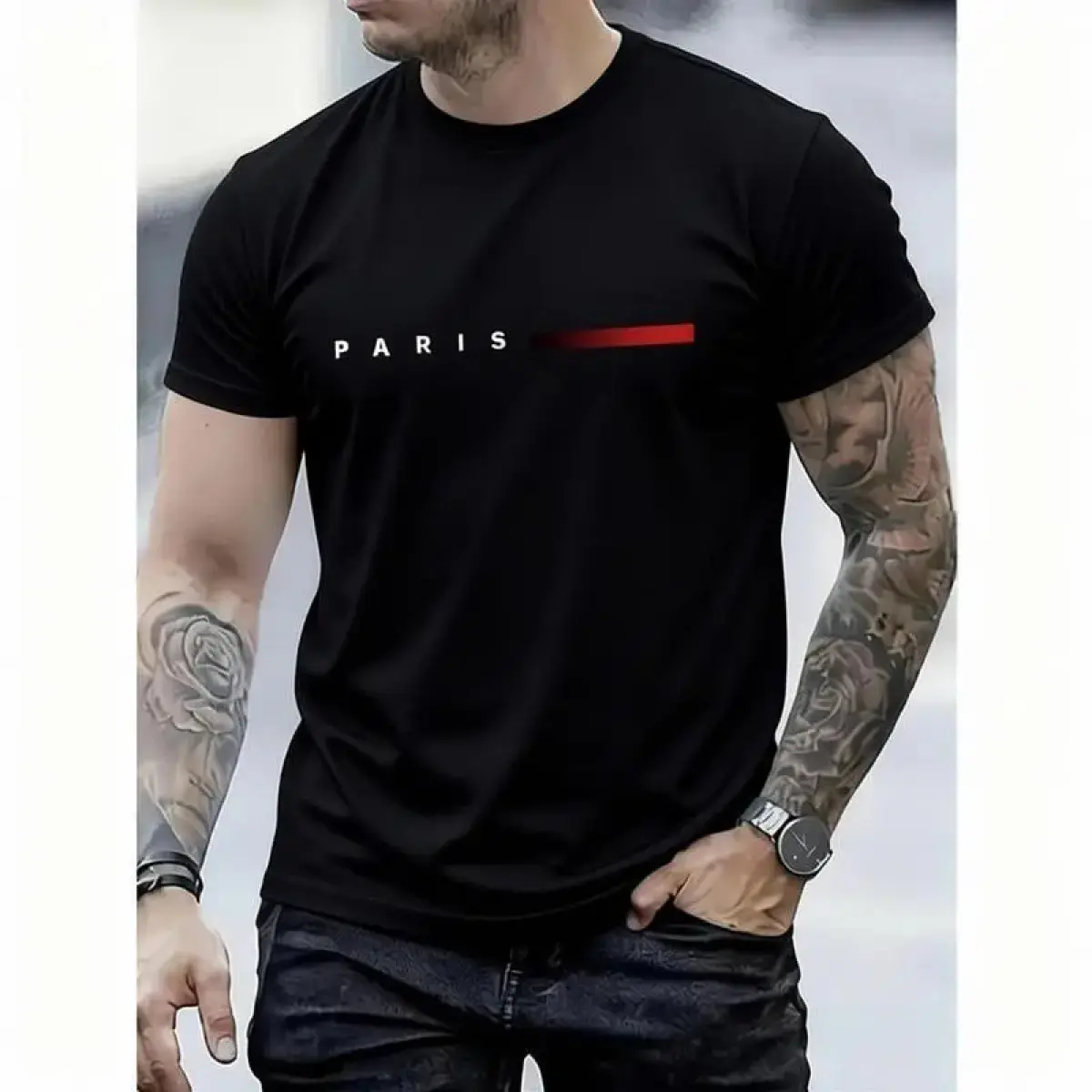 Men's Paris Graphic T-Shirt - Stylish Streetwear Crewneck, Breathable Cotton-Spandex Blend, Slim-Fit Shortsleeve Outfits Piece for Summer Layering with Sneakers, Tshirt, Casual, Stretch, Fabric, Classic, Denim, Leather, Seamless, Basic, Round Neck, Menswe