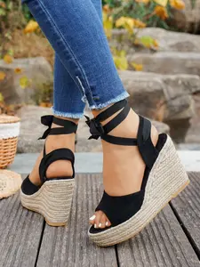 Trendy Straw Woven Wedge Sandals for Women, Open Toe Buckle Strap Butterfly Knot Design, Summer High Heel Platform Shoes