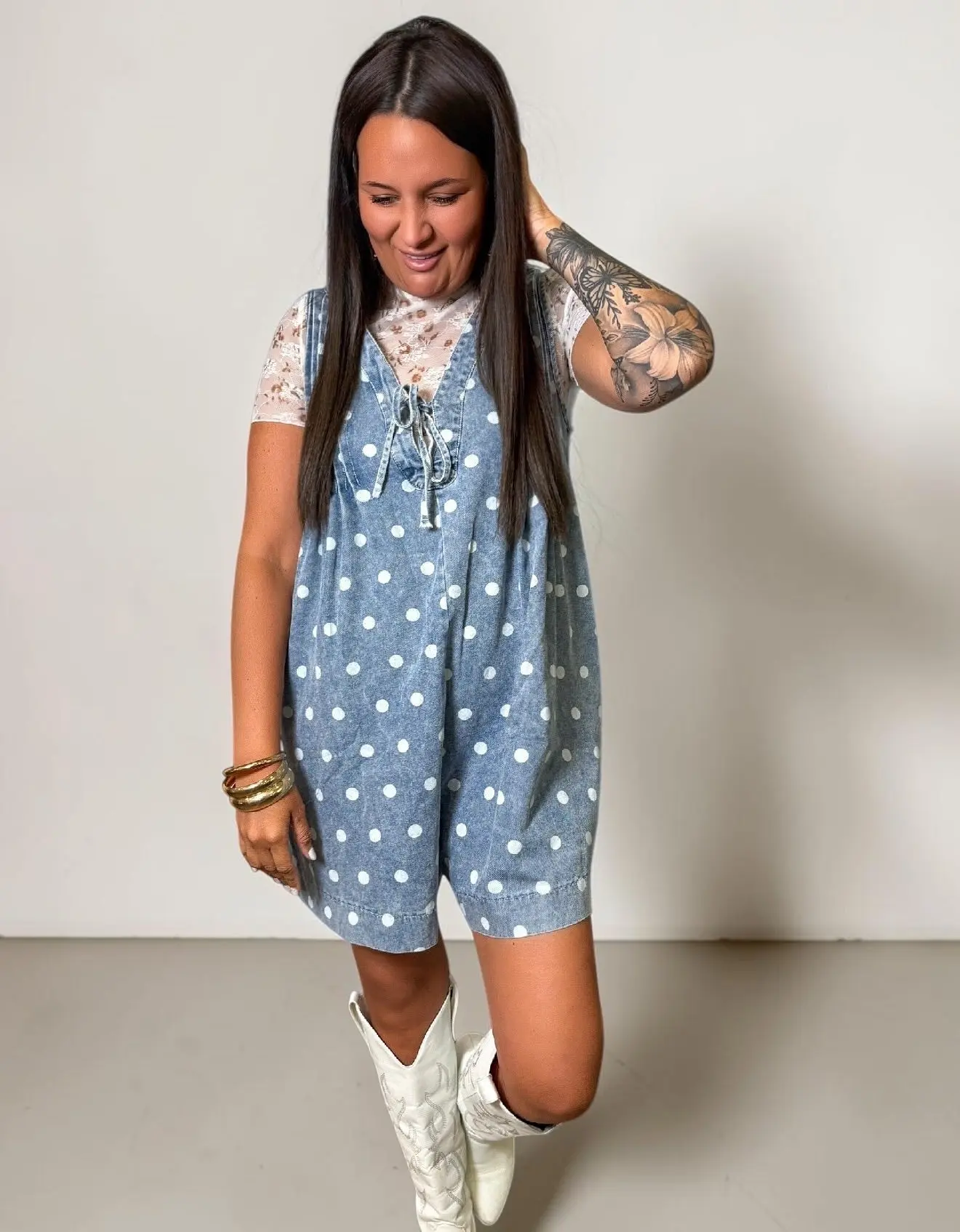Blue Polka Dot Pleated Denim Romper