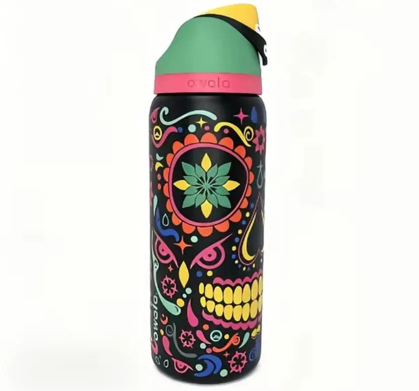 Owala 32oz Vibrant Sugar Skull Insulated Stainless Steel Tumbler - Leakproof, Cup Holder Friendly, Portable, Stylish Cold Beverage Traveler with Lid & Straw, Cute Gift for Girls, Vacuum Flask Drinkware