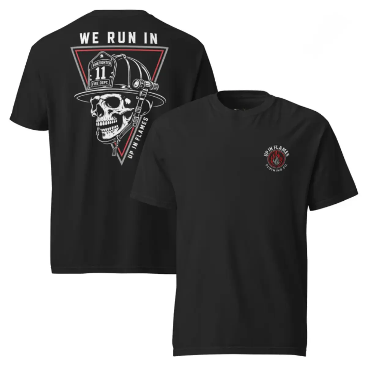 We Run In Flames Firefighter Skull Helmet T-Shirt, Vintage Fire Rescue Graphic Tee, First Responder Apparel, Soft Cotton Blend Shirt for Men Women, Fire Department Pride Gift