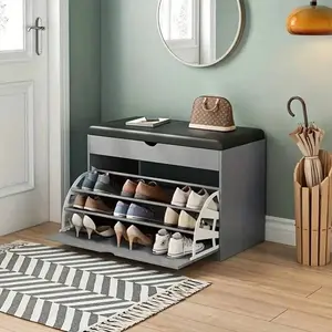 23.62in Entryway Shoe Rack With Cushioned Seat, Shoe Bench For Entry, 3 Shelves Storage Bench W/Faux Leather Top Bed Bench Banco Para Guardar Zapatos For Entryway Bathroom Bedroom