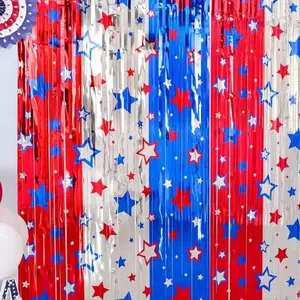 July 4th Decoration, Blue Foil Fringe Curtains, Independence Day Studio Background, Patriotic Memorial Labor Day Metal Door Fringe
