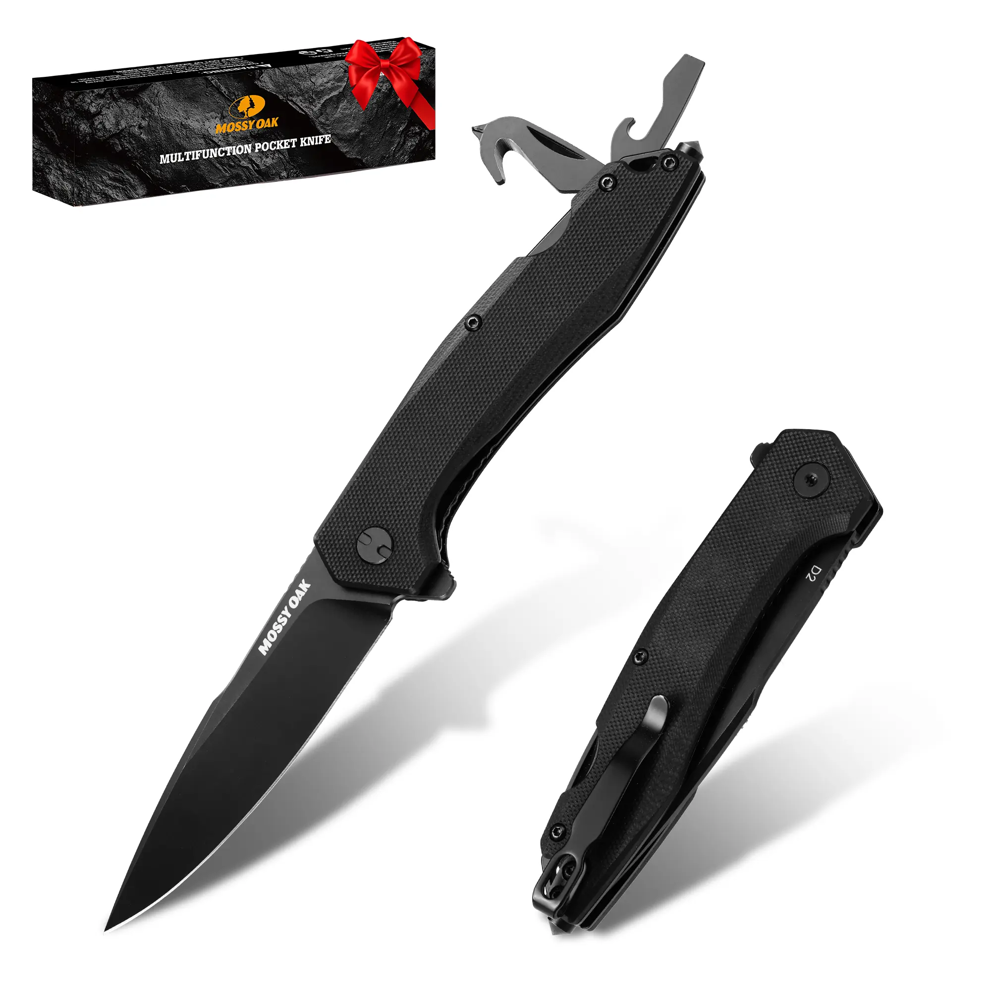 #backtoschool Mossy Oak Folding Pocket Knife with Clip, 3.5" D2 Steel Blade G10 Handle, Small EDC Knife with Glass Breaker, Rope Cutter, Bottle Opener, Screwdrivers for Camping, Hiking, Outdoor Use