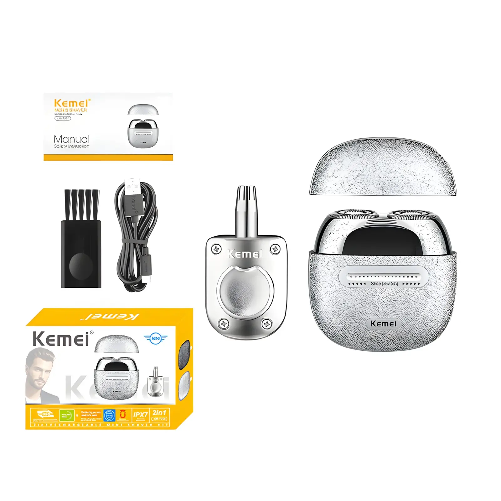 Km-T288 USB Rechargeable Rotary Shaver with Nose Hair Trimmer, High-Power Portable Travel Razor, Water Washable, Trendy Design