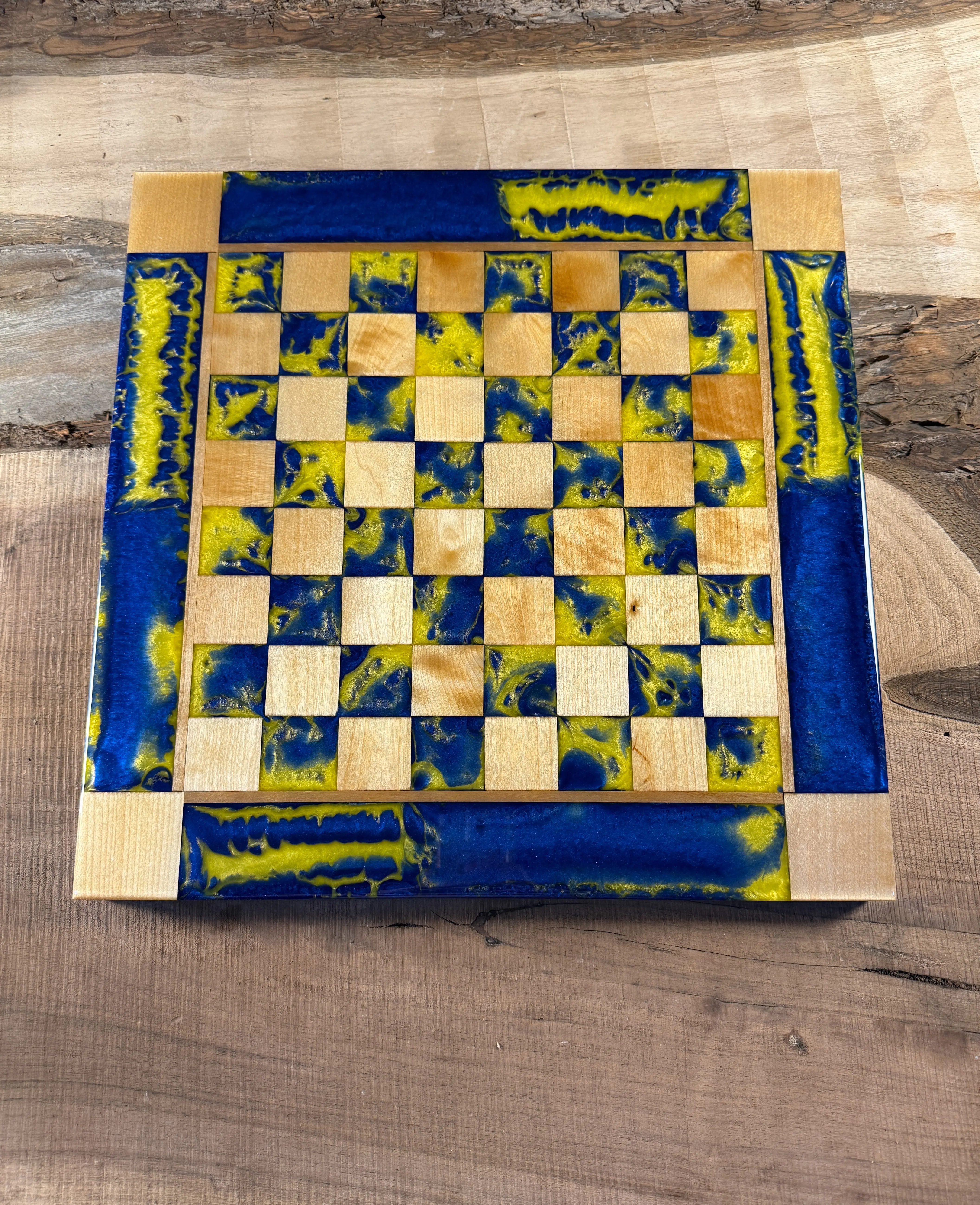 Golden Blue Maple Wood Chess Board (Chess Set Included)