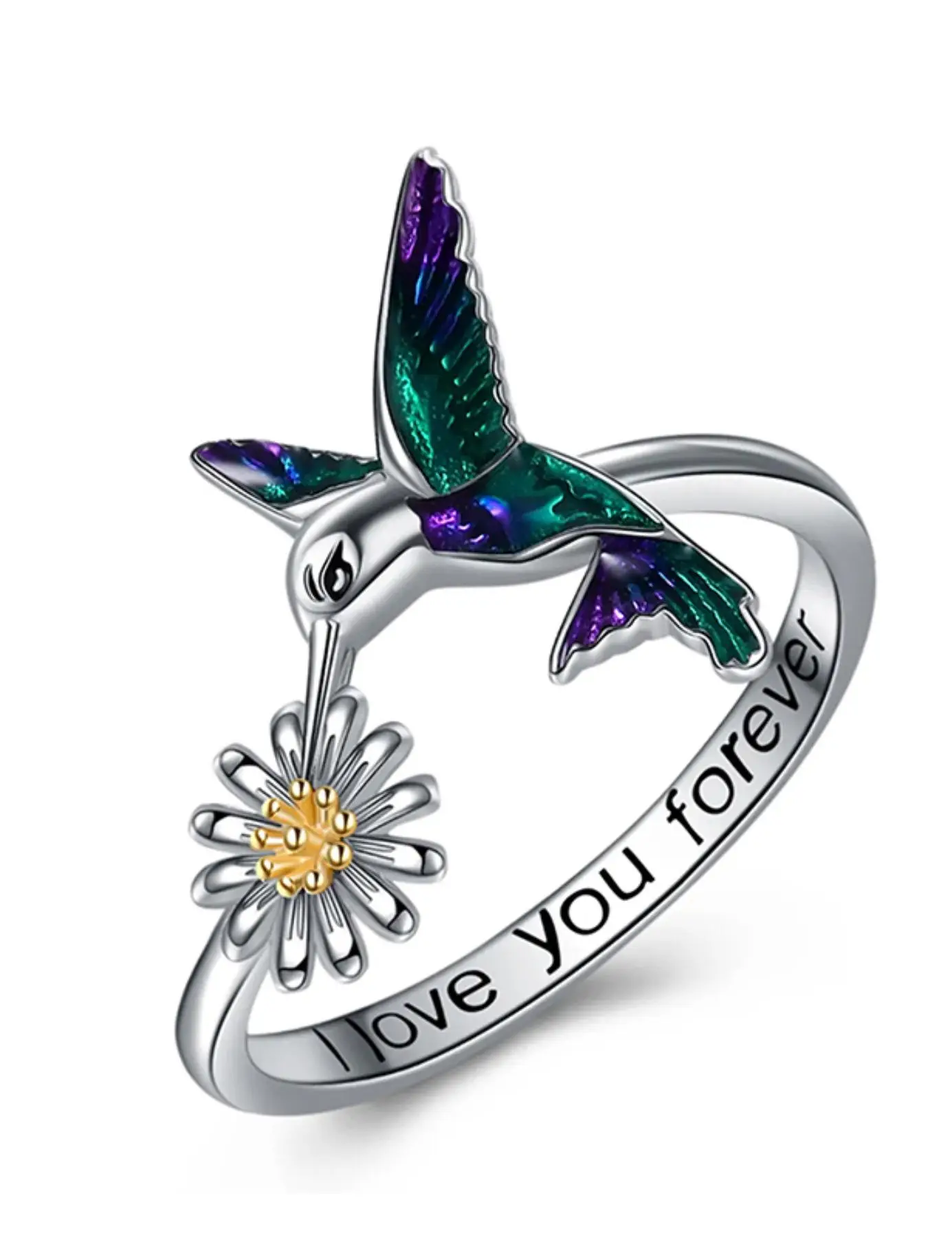 925 Sterling Silver Fashion Letter Design Flower & Bird Decorated Ring, Elegant Silver Ring for Women & Girls, Trendy All-match & Exquisite Jewelry