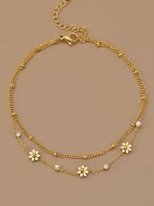 Gold Daisy Layered Design Anklet for Women, Stainless Steel Double Chain Ankle Bracelet with Cubic Zirconia, Adjustable Fit Flower Foot Jewelry for Summer Beach