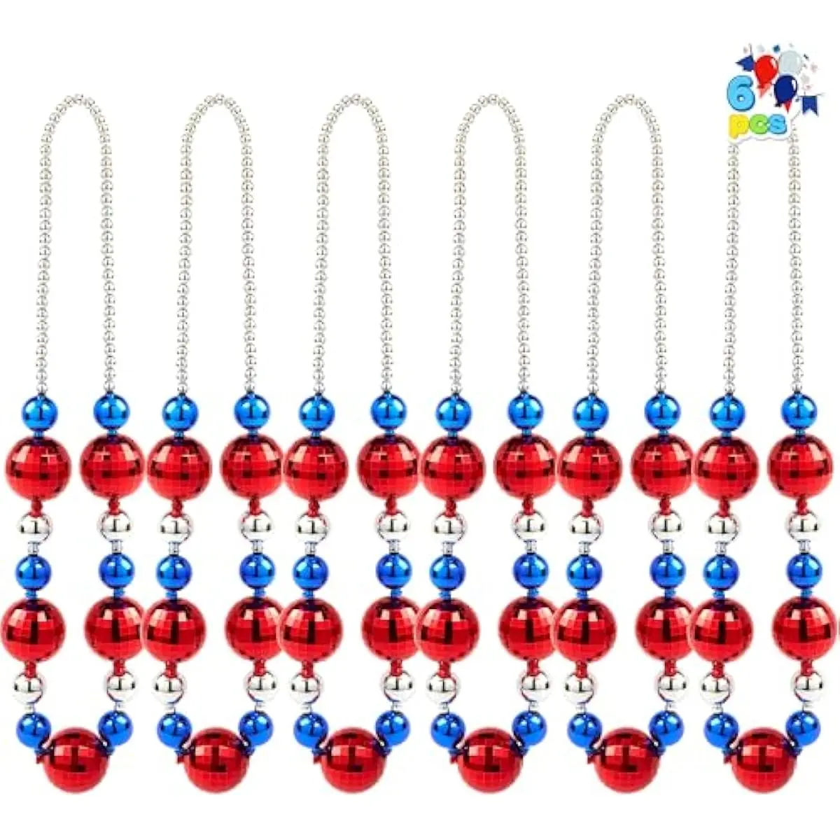 6 Pcs 4th of July Jumbo Bead Necklaces, 44'' Red Blue Silver Necklaces Beads for Independence Day Parade Decorations Patriotic Party Favors Supplies, Costume Outfit Accessories
