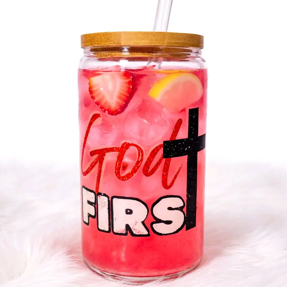 God First Glass Cup with Bamboo Lids 16oz