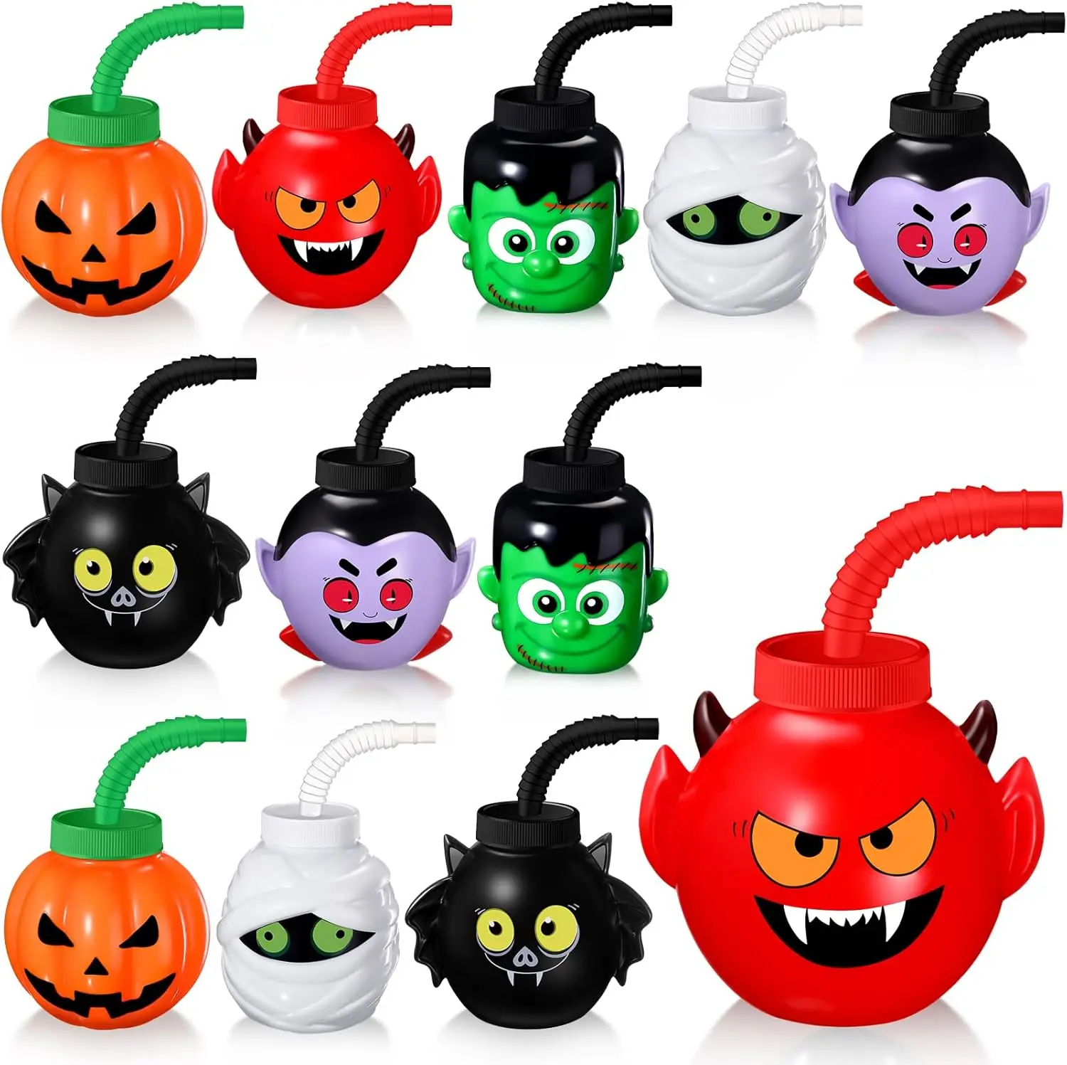 12 Pcs Halloween Cup for Kids 10 oz Halloween Reusable Plastic Cup with Lid and Straw Mummy Green Giant Pumpkin Devil Vampire Bat Shapes for Gift Party Favor Supplies
