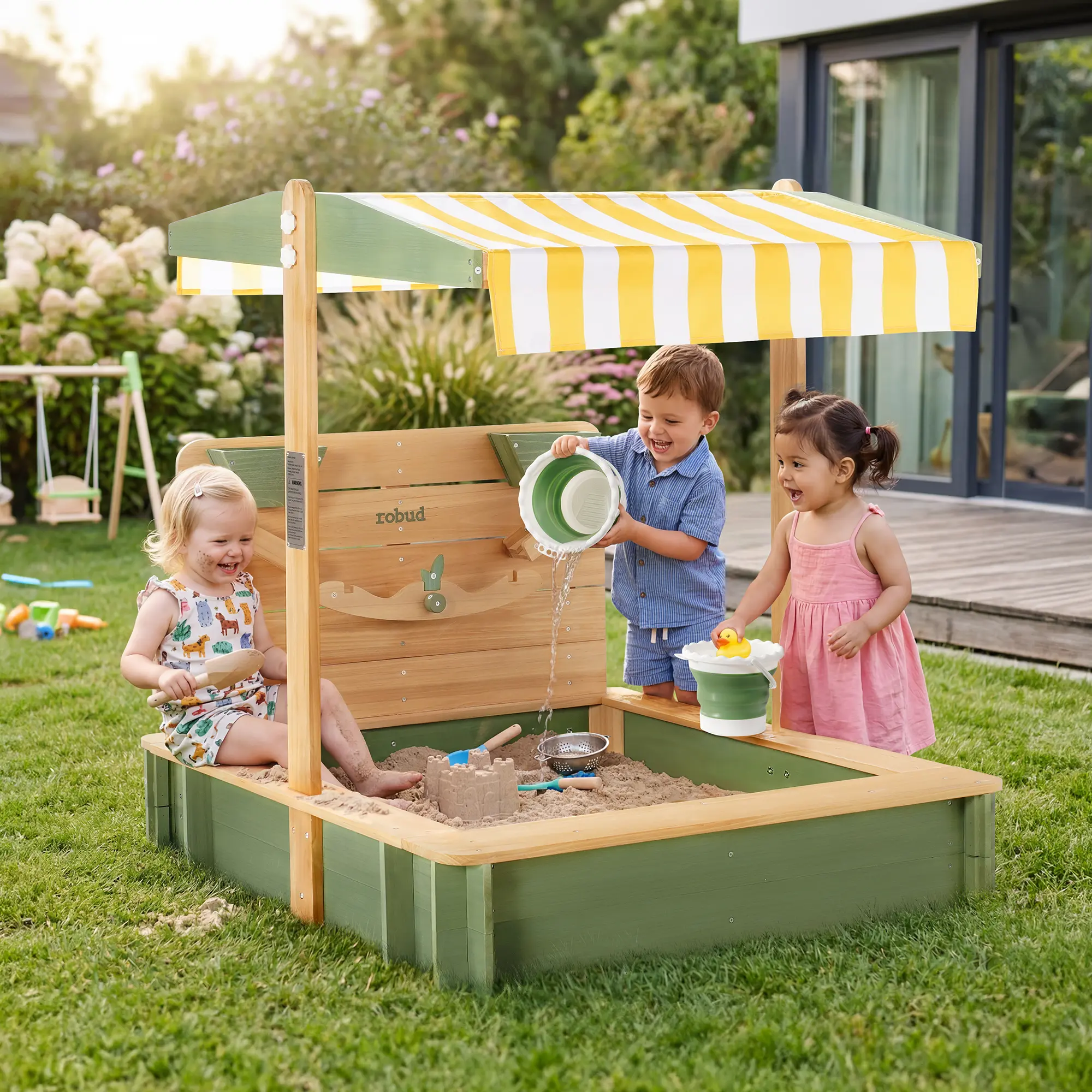ROBUD Kids Wooden Outdoor Sandbox with 180° Adjustable Canopy, Built-in Corner Seating for Children Outdoor Play in Backyard Lawn Garden Beach, Sand Pit for Kids