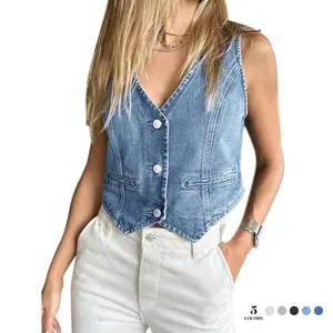 Lady's Fitted Minimalist Cotton Polyester Basic Plain Denim Vest - Sleeveless V-Neck Button-Down Jean Waistcoat, 2000 Summer Crop Top, Casual Clothes