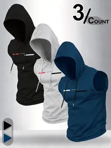 Men's 3-Pack "Freedom" Minimalist Sleeveless Hoodie Set - Geometric Stripe & Handwritten Slogan Print, Cut-Off Shoulder Hooded Design, Perfect for Gym Training, Streetwear, Casual Self-Expression, Activewear Clothing