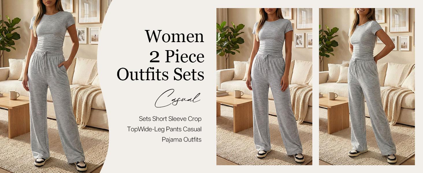 TFNOSIZE Women’s Summer Sports Set – Short-Sleeve Crewneck T-Shirt and Wide-Leg Pants Two-Piece Set, Stretch Fabric, Suitable for Yoga, Casual Wear, Daily Exercise, Fitness, Running, and Fashionable Women’s Clothing Set