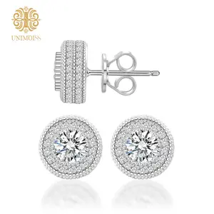 Unimoiss S925 Round VVS Synthetic Moissanite Hip Hop Iced Out Halo Stud Earrings Synthetic Moissanite Jewelry Perfect Birthday Mother’s Day Gift for Men Women Silver Earrings Synthetic Moissanite Wedding Set