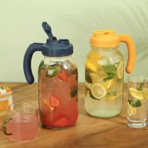 Soligt Glass Mason Jar Pitcher, 2 Pack 64oz(2 Quart /1.9 Liter) Wide Mouth Mason Jar Pitcher with Handle, Airtight and Dishwasher Safe, Iced Brew Coffee Maker Pitcher, Homemade Iced Tea, Pour Spout Handle Lids Kitchen Bottle Container Drink