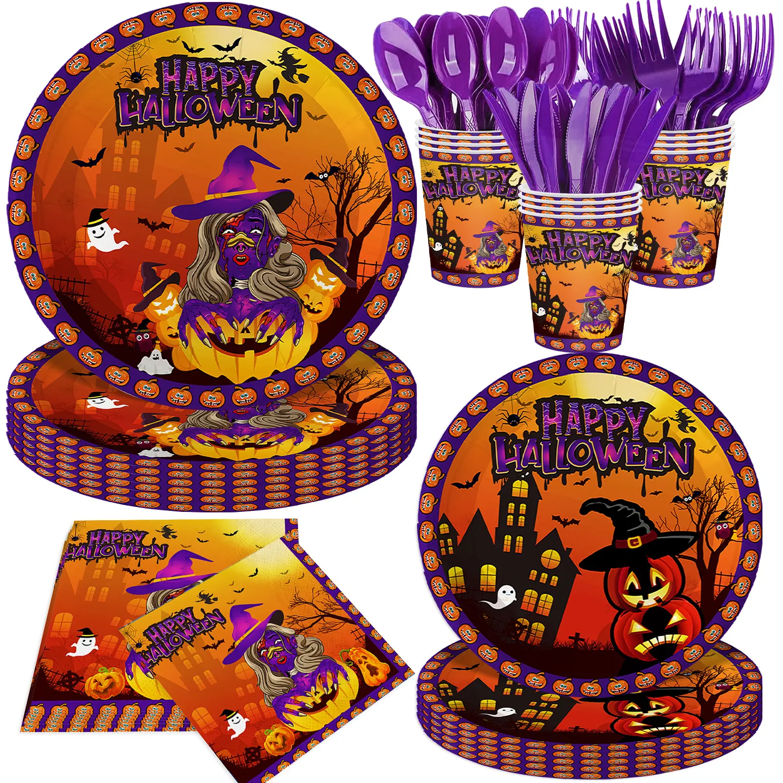 140Pcs, Halloween Party Decorations Tableware Set Cute Pumpkin Ghost Plates and Napkins Halloween Birthday Party Supplies Paper Plates, Serve for 20