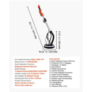 VEVOR Drywall Sander, 1010W Electric Drywall Sander, Popcorn Ceiling Removal Tool with 7 Variable Speed 1000-2200 RPM, Double-Deck LED Light, Foldable Extendable Handle, 15 Sanding Discs, Dust Hose