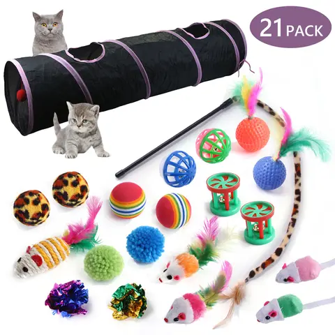 21-Piece Cat Supplies Plastic Variety Toy Set for Kitten & Cat Home Engagement - 47.24in x 9.84in Interactive Black Straight-Through Tunnel, 2 Leather Mice, Fluffy Animal Print Mouse, Rattling Paper Balls, Spring Hose