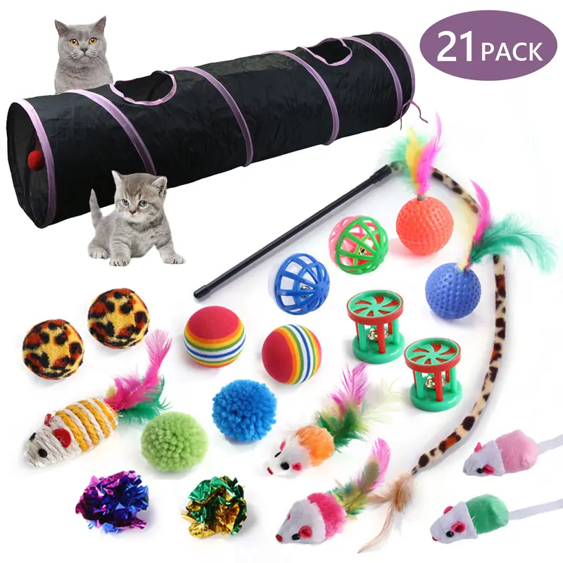 21-Piece Cat Supplies Plastic Variety Toy Set for Kitten & Cat Home Engagement - 47.24in x 9.84in Interactive Black Straight-Through Tunnel, 2 Leather Mice, Fluffy Animal Print Mouse, Rattling Paper Balls, Spring Hose