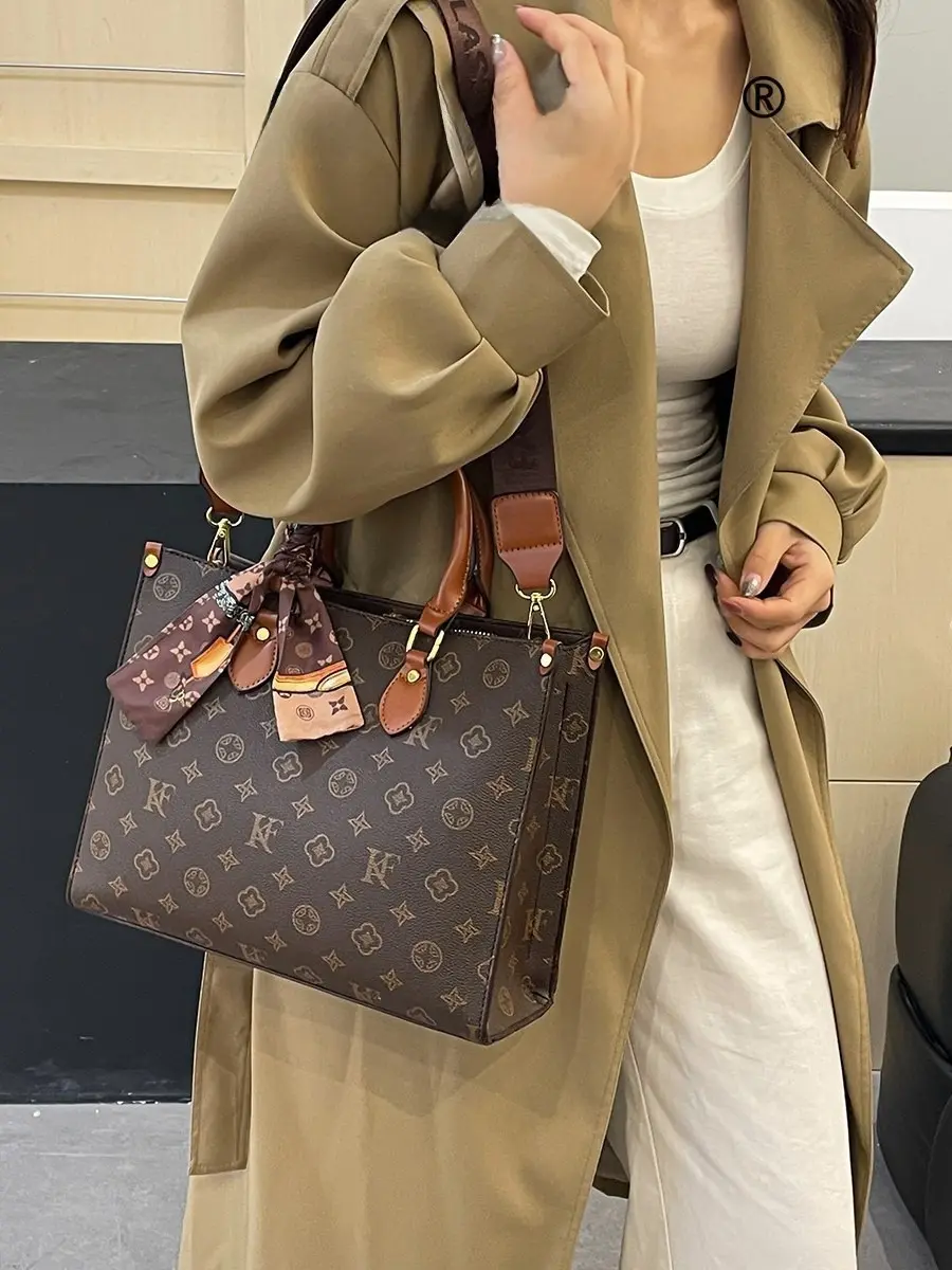 Vintage Monogram Print Tote Bag Women Large Capacity Waterproof Handbag Retro Multifunctional Shoulder Crossbody Bag Elegant Office Commute Work Handbag