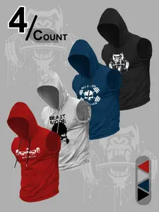 Men's Summer Workout Hoodies Set, Casual Fitted Sleeveless Hooded Tops, Multi-Color Training Tank Tops, Fitness Streetwear