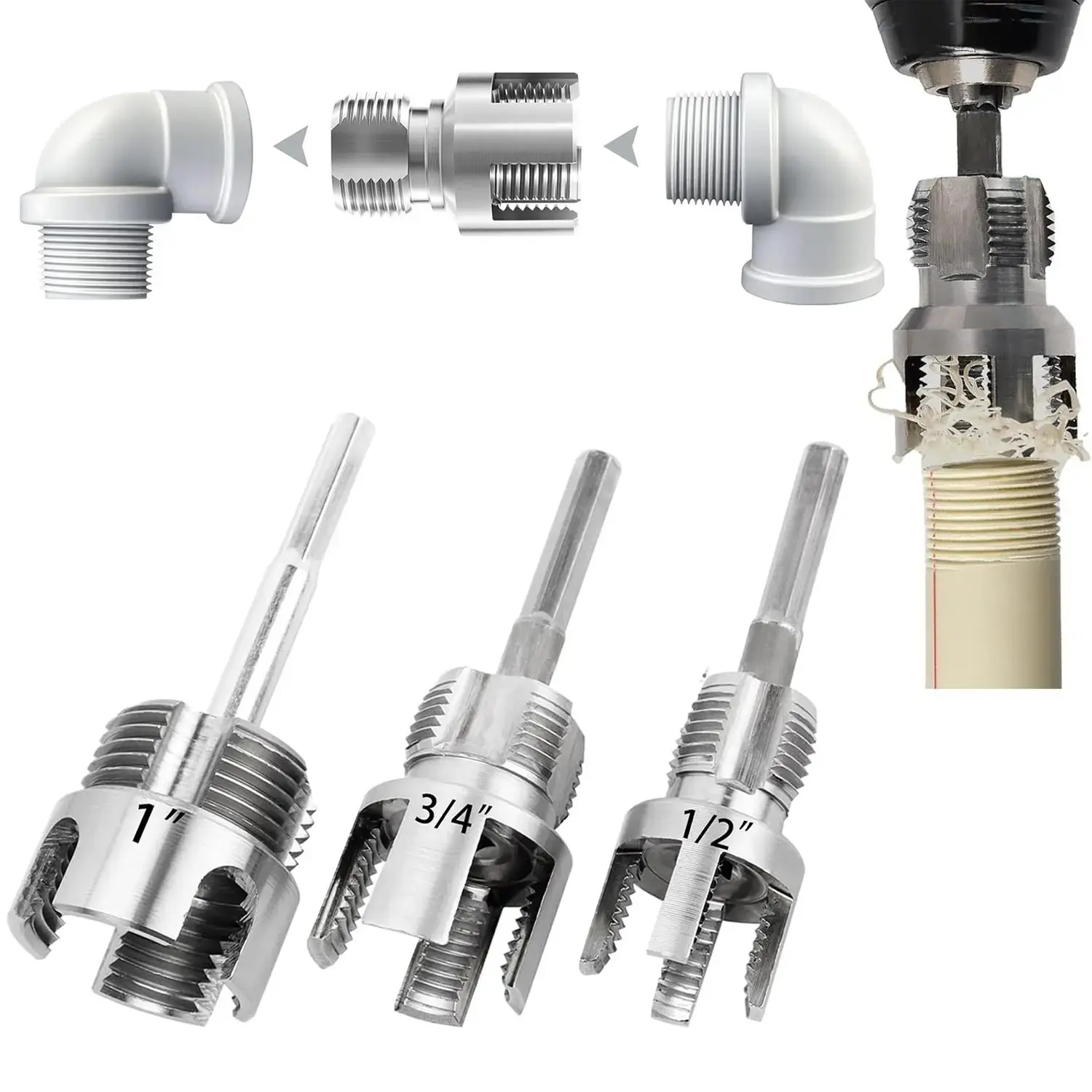 3-Piece Heavy-Duty Alloy Pipe Threader Kit with Forged Taps (1/2", 3/4", 1"), Electric Drill Compatible Threading Attachments, for DIY & Professional Plumbing Use, Pipe Threading Attachments, Forged Pipe Taps