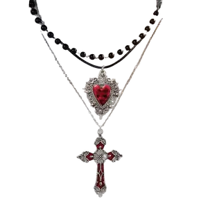 Gothic Retro Pearl Heart-Shaped Flower Cross Pendant Necklace Set