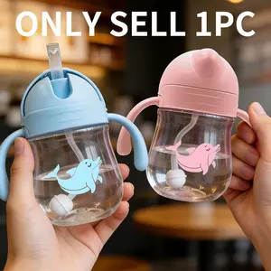 300ml/10oz Straw Cup with Gravity Ball,1 Count Anti-choking Handle Water Bottle, Baby's Cartoon Animal Design water bottle with Straw,Training Sippy Cup with Handle,Baby Drinking Bottle, Valentine's Day&Christmas  Gift, Travel.