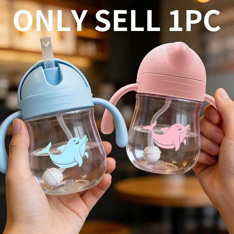 300ml/10oz Straw Cup with Gravity Ball, 1 Count Anti-choking Handle Water Bottle, Baby's Cartoon Animal Design Water Bottle with Straw, Training Sippy Cup with Handle, Straw Sippy Cups, Valentine's Day&Christmas Gift, Travel