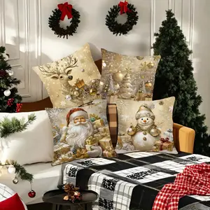 4-Piece Christmas Cushion Covers Set, 45x45cm Festive Tree Snowman Deer Santa Design, Soft Plush Material, Hidden Zipper Closure, Sofa Cushion Cover