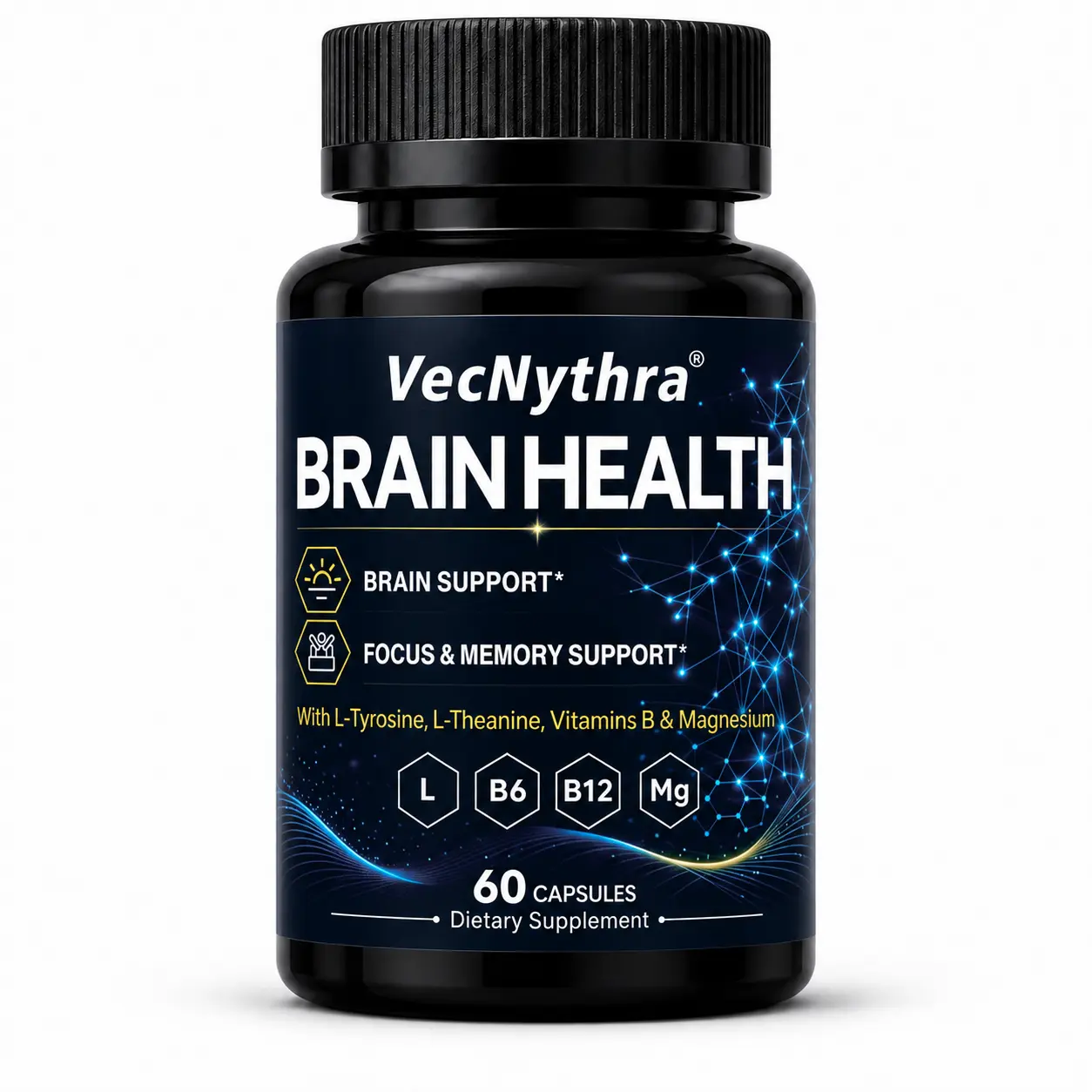 VecNythra Nootropic Dietary Health Supplement - Memory, Focus, Cognitive Function, Mental Clarity & Daily Brain Support with L-Tyrosine, L-Theanine, Vitamin B6, B12, Folate, Magnesium, TMG | 60 Capsules