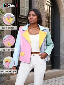 Women's Spring Four-Season Motorcycle Jacket, Fashionable Lapel Zipper Waist Cinched Patchwork Short Coat with Pockets, Fall Winter Outerwear