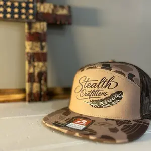 Richardson 168 Brown Duck Camo Stealth Outfitters Hat with Feather Embroidery and Mesh Back