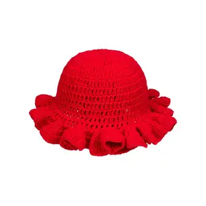 Ladies' pure-colored fluffy bucket hats, ruffled woolen hats, hollowed-out hand-crocheted hats, lace fisherman hats, casual styles, pure-colored knitted hats suitable for autumn and winter