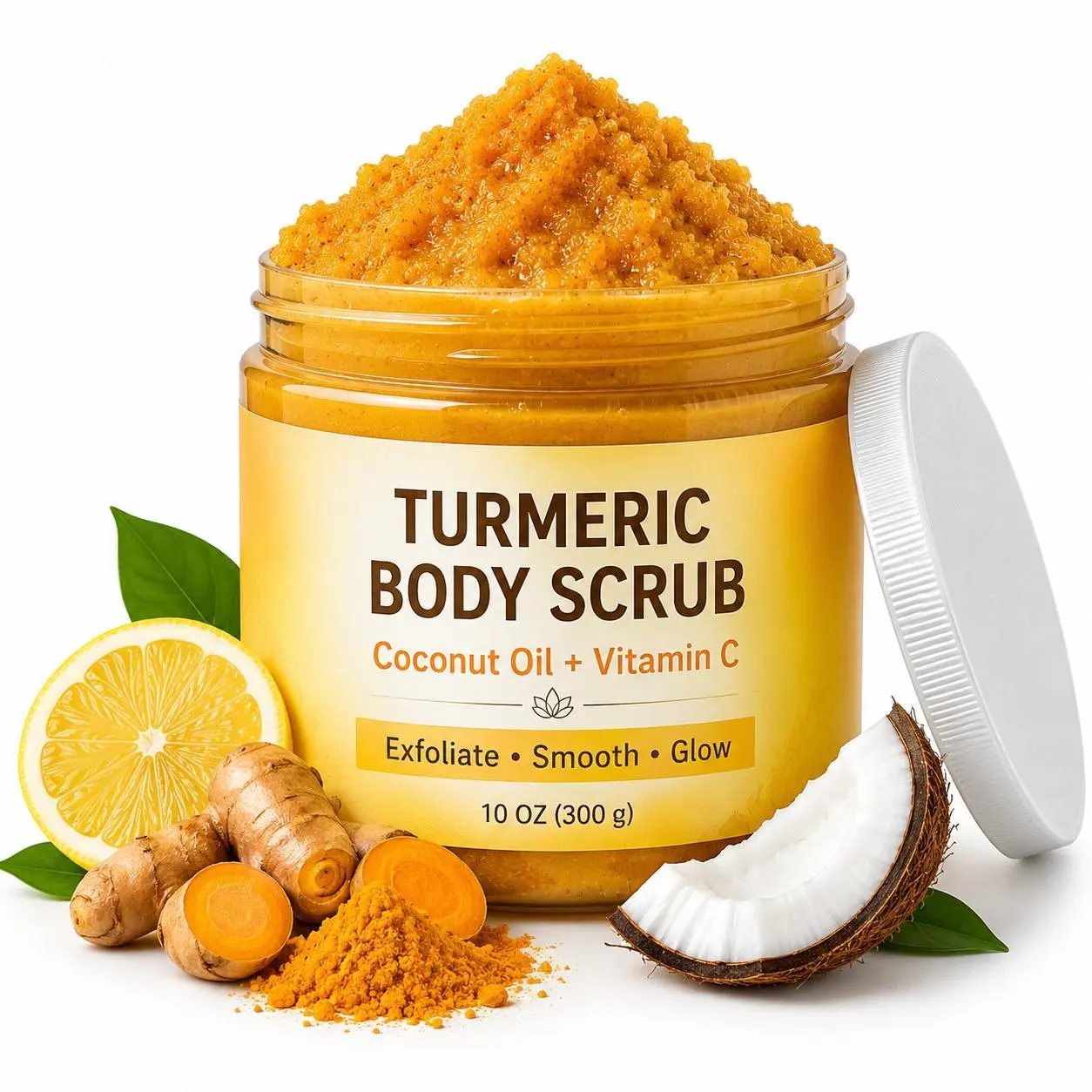 Turmeric Sugar Body Scrub, Exfoliating Body Polish with Vitamin C & Coconut Oil, Moisturizing Scrub for Underarms, Bikini Area, Knees, Elbows & Smooth Glowing Skin