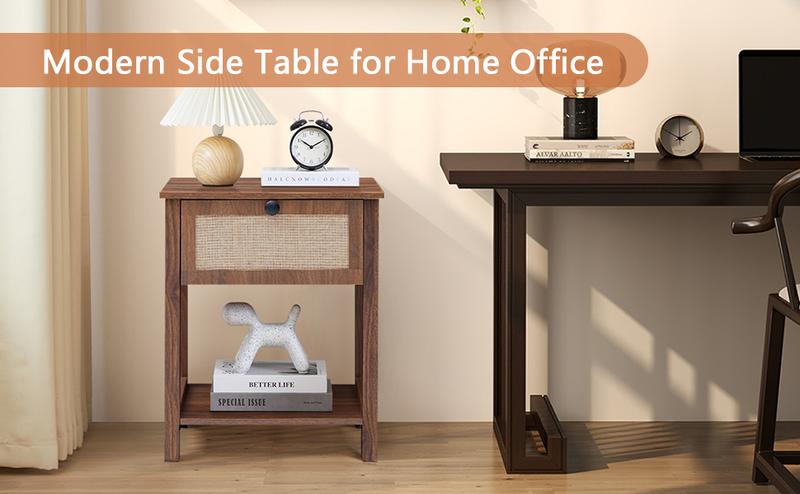 Giratree 21.65" H End Table with Flax Finish Set of 2, Modern Night Stands with Drawer, Farmhouse Bedside Table for Bedroom Living Room