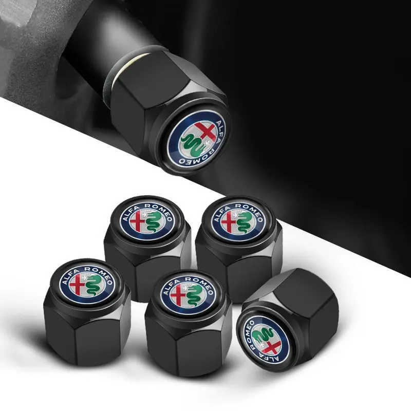 5pcs Aluminum Alloy Car Wheel Tire Valve Cap Air Tyre Stem Cover For Alfa Romeo Spider Giulia Giulietta 147 156 159 Mito Stelvio GT Spider Car Accessories Auto Parts Compatible Models