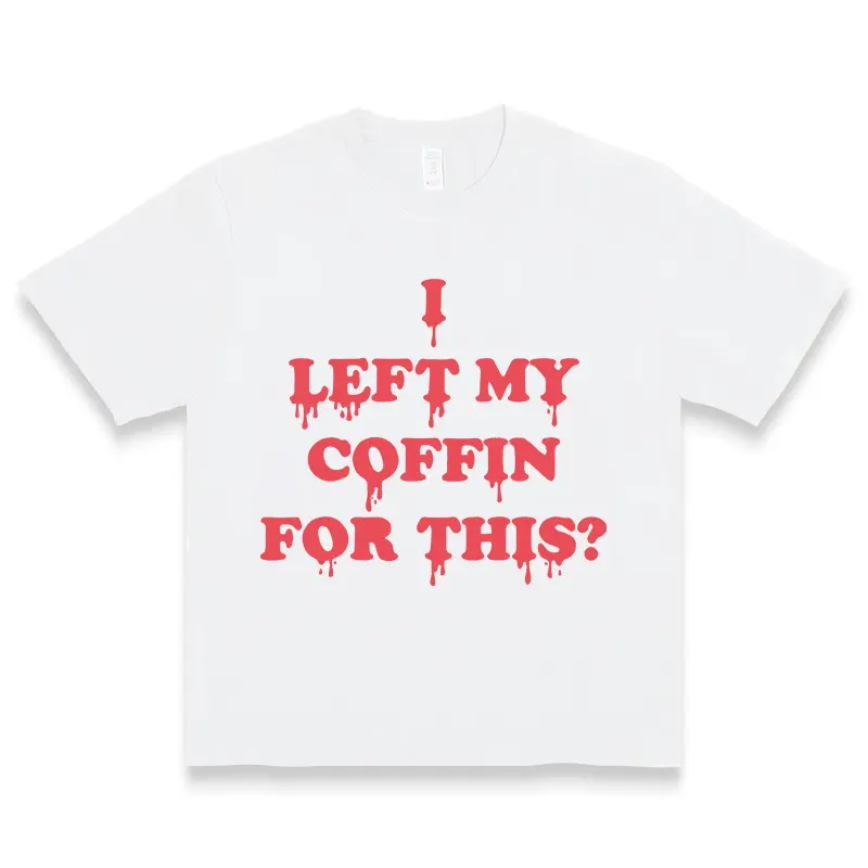 Men's Basic 100% Cotton T-Shirt with Spooky Vampire Print, Unisex "I Left My Coffin For This" Joke Shortsleeve Tee for All Seasons, Tshirt, Casual, Fabric, Menswear, Soft, Unisex Fitted, Spooky Print, Fade-Resistant Ink, Athletic, Classic