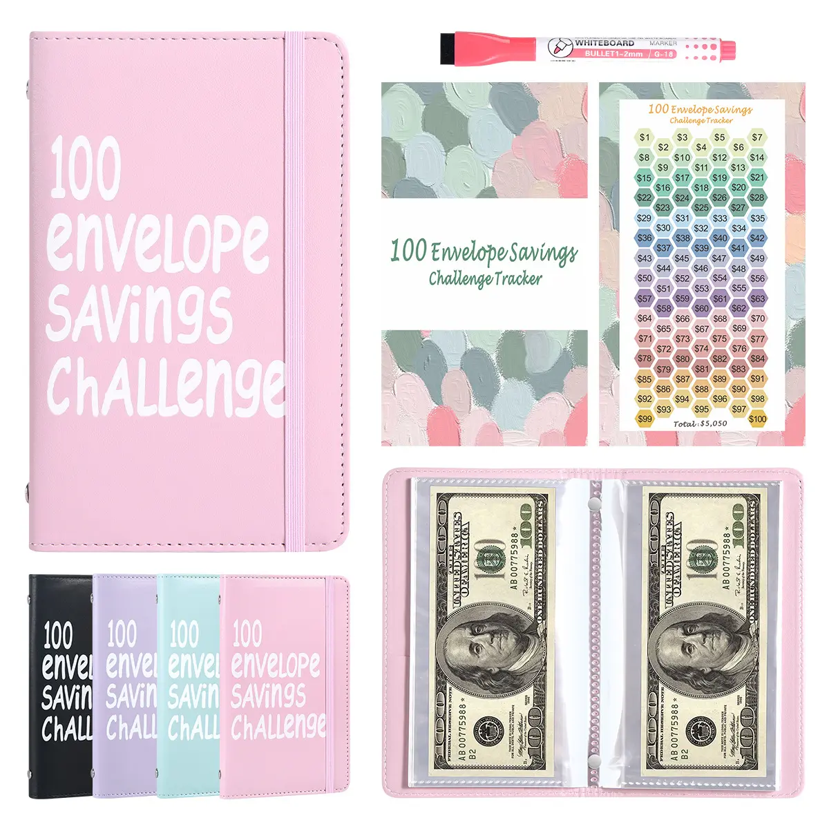 100 Envelopes Money Saving Challenge - A5 Money Saver Budget Binder Book with Cash Envelopes, Savings Tracker Card, Pen, 100-Days of Easy and Fun Ways to Save $5,050 Cash Envelope Challenge Binder, Perfect for Building Smart Money Habits