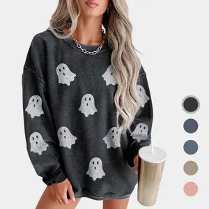 Women's Halloween Ghost Pattern Corded Crew Neck Loose Sweatshirt Comfort Womenswear(gift)Gift