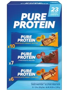 Pure Protein High Protein Bars Variety Pack - 10 Chocolate Peanut Butter, 7 Chocolate Deluxe, 6 Chocolate Peanut Caramel - 23 Count - Gluten Free Snacks
