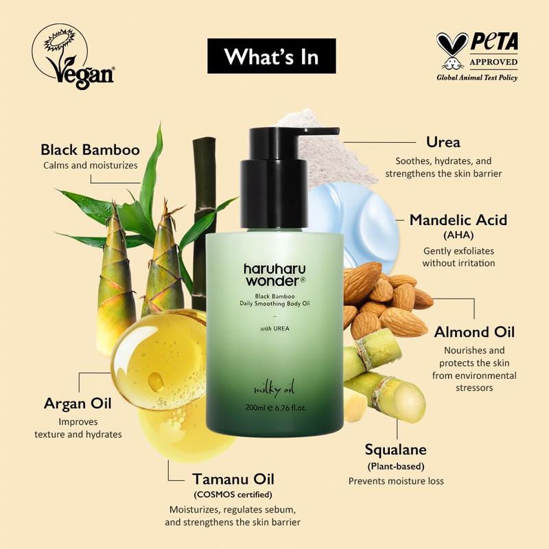 HARUHARU wonder Black Bamboo Daily Smoothing Body Oil, Fast Absorption, Lightweight, Non-Greasy, Deeply Hydrating, Locks in Moisture, Softens & Nourishes Skin, With Almond & Argan Oil, 6.76 fl oz