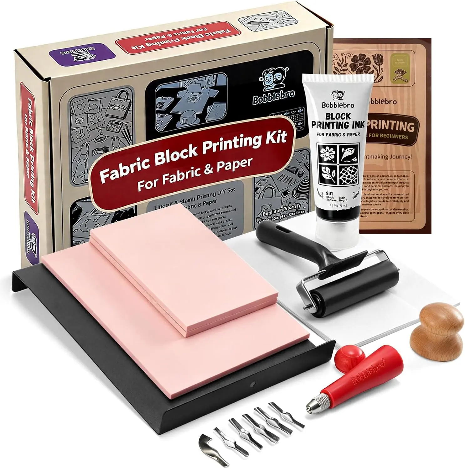 Bobblebro Linocut Kit for Printmaking - Fabric Block Printing Kit with 2.6 oz Fabric Ink for Fabric and Paper, Stamp Making Kit & Carving Tools - Arts and Crafts for Adults - DIY Back to School Gift