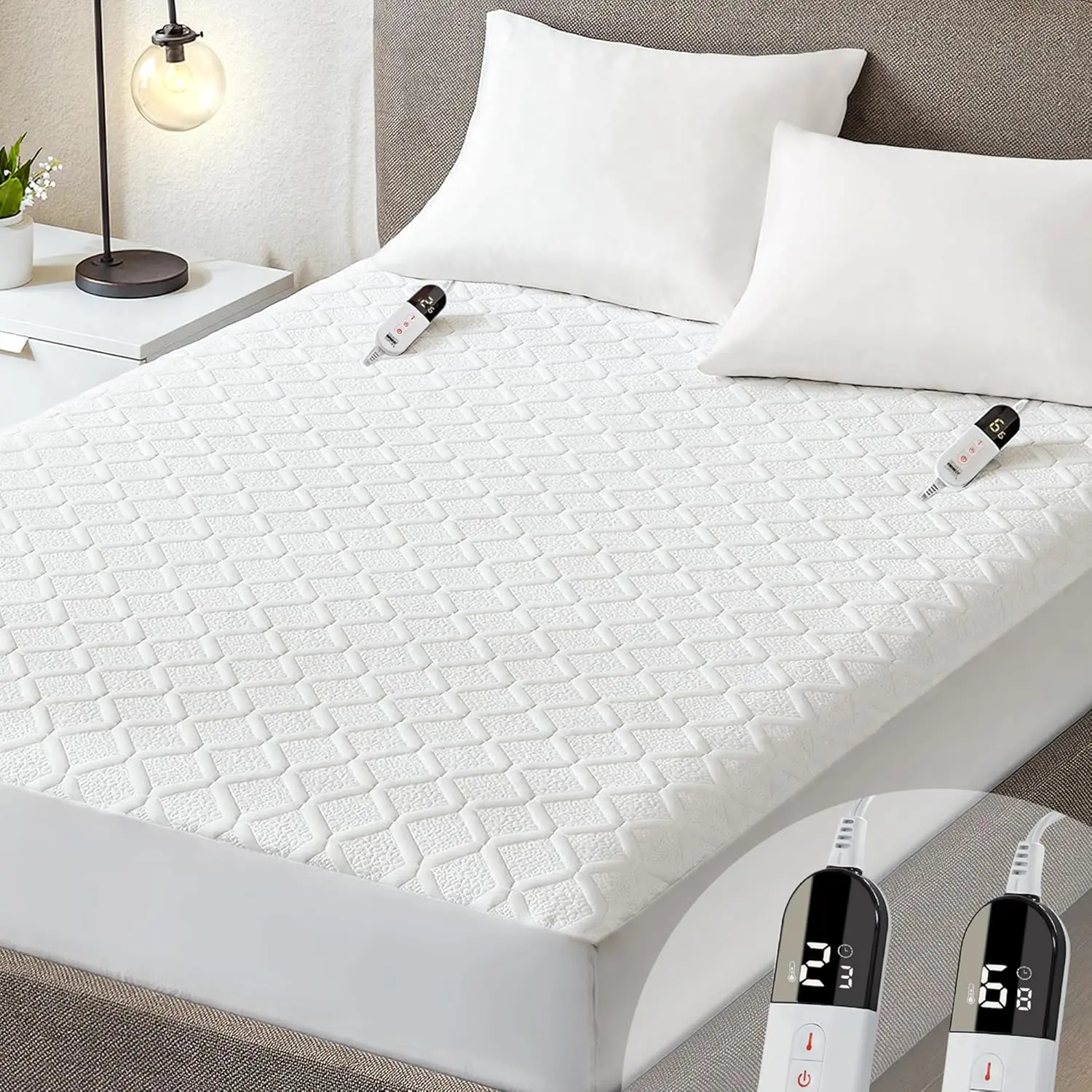 King Quilted Heated Mattress Pad, Soft Top with Deep Pocket for up to 17" Mattresses, Dual Temperature Control, 6 Heat Settings, 1-10 Hour Auto-Off Timer, Machine Washable, Quilted Top, Fitted Mattress Pad