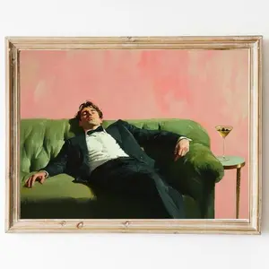 [SALE UP TO 50% - UNFRAMED] Man on Couch with Martini - Soft Tonal Oil Painting - Cocktail Art Bar Cart Decor - Aesthetic Oil Painting Gift -Trendy Kitchen Wall- Complimentary Delivery
