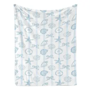 Coastal blue seashell starfish bow striped flannel blanket, nautical beach style, ultra-soft, comfortable and warm blanket, home decor gift, a must-have blanket for the family.