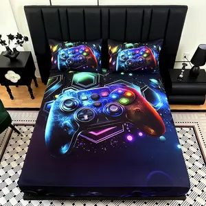 3PCS Trendy Gaming Fitted Sheet Set (1 Fitted Sheet + 2 Pillowcases, No Pillow Included) with High-Definition Digital Printing, Unlocks Gamers' Personalized Sleep Space, Cyberpunk Gamepad Design, Vibrant Gaming Controller Bedding Set summervibes Bedsheet