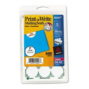 Avery 05247 Print or Write Mailing Seals- 1in dia.- White- 600-Pack